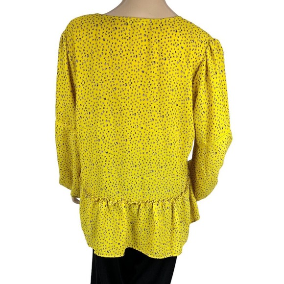 Pleione Anthropologie Yellow Top w/purple Dots LARGE Crochet Trim Ruffle Hem - Picture 7 of 11